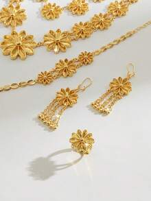 1 Set Of Chic Vintage-Style Golden Copper Jewelry Set Including Necklace, Bracelet, Ring, Earrings, Suitable For Casual Outings, Gatherings, Dates, Holidays As Gifts For Women, Girlfriends, Parents - PWJT-018 - View 3