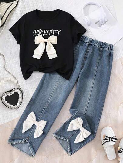 Conjunto de top de manga corta con decoración de lazo y pantalones largos de mezclilla para niña preadolescente