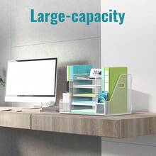 5-Tier Paper Tray Organizer With Magazine Rack, Mesh File Rack, Suitable For Desktop Storage In Homes, Offices,Back To School,School Supplies - White - View 4