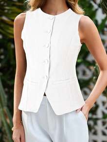 Womens Denim Vest Button Down Sleeveless Fitted Jean Tank Top Summer Casual Waistcoat - White - View 2