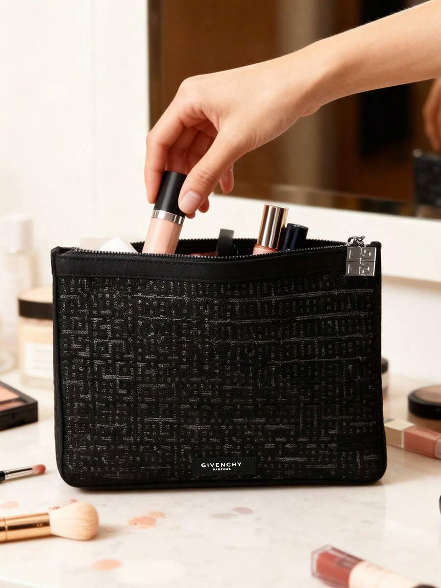 Givenchy Materiel PARFUMS Black Wristlet Pouch, Makeup Bag With All-Over Text Pattern And Silver-Tone Zipper Pull, Travel Cosmetic Case - Black - View 1