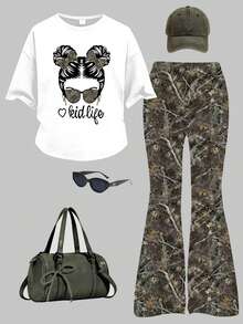 少女卡通字母印花短袖T恤和喇叭裤套装 - 軍綠色 - 查看 1