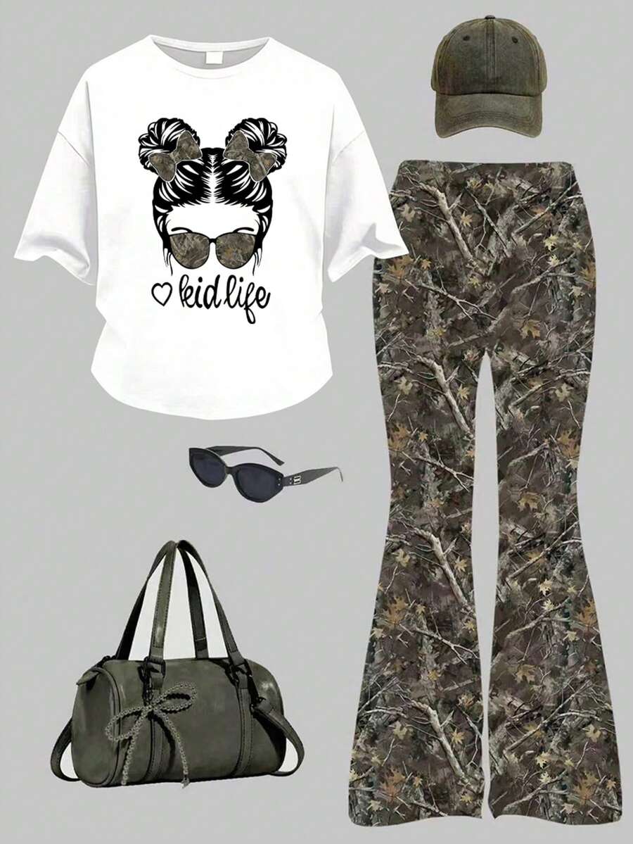 少女卡通字母印花短袖T恤和喇叭裤套装 - 軍綠色 - 查看 1