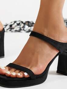 Women's Thick Heel Strap Chunky Slide Sandals, Fashion Versatile Elegant Double Strap Waterproof Platform Black Dress Shoes Suitable For Daily, Office, Party Wear - Black - View 6