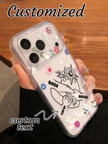 1 pièce Étui de téléphone transparent anti-chute personnalisé avec empreinte de main et nom pour la Fête des Mères, compatible avec iPhone 11/12/13/14/15/16 Pro Max/16 Pro/16 Plus/17 Pro Max/17 Air, design fleur séchée - Transparent - Voir 1