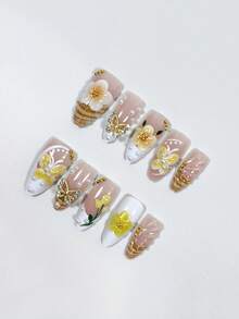 10pcs Y2K Cute Almond-Shaped 3D Resin Yellow Flower Petal, Butterfly, Wave French Pearl Nail Stickers, Handmade Nail Art Decals For Daily, Date, Afternoon Tea, Outing Nails - Multicolor - View 4