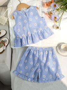 2pcs Girls Daisy Print Blue Plaid Top And Pants Set, Summer - Blue - View 2