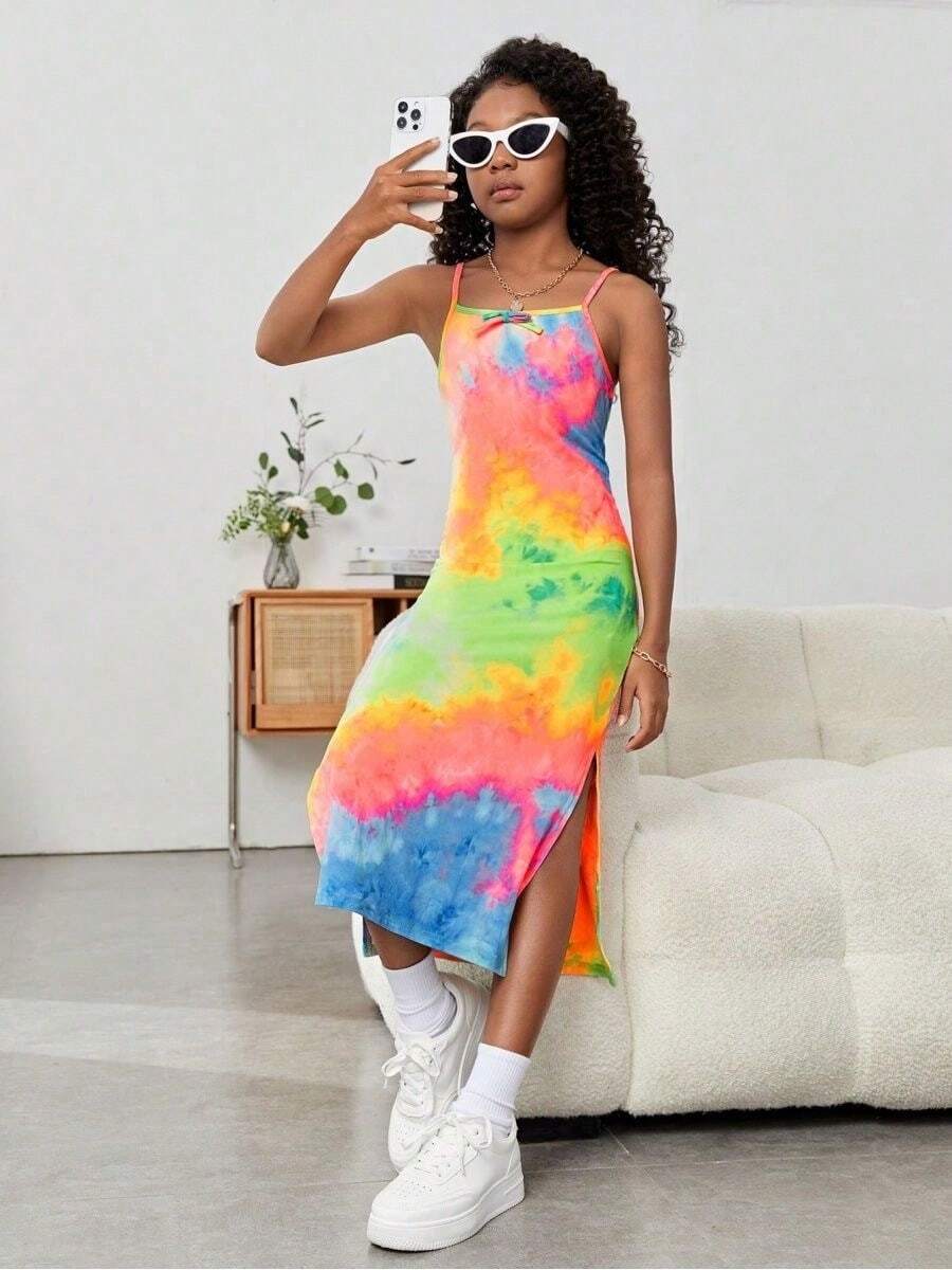 Tween Girls' Summer Knit Spaghetti Strap Dress, Tie-Dye Print Fitted Tank Dress, Summer Style, Suitable For Beach - Multicolor - View 1