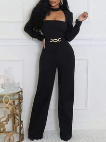 Women's Stylish Elegant Long Sleeve Jumpsuit - Square Neckline, Metal Buckle Detail, Perfect For Office, Daily Outings & Formal Occasions - 黑色 - 查看 5