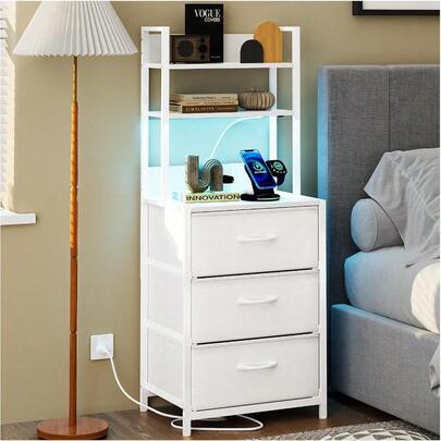 Buros para recamara -Mesita De Noche de 6 Niveles3 cajones Mesa Auxiliar con Estación De Carga de 2 enchufes y Puertos USB y Tira de luz LEDcajón de Tela de Cuero Blanco*3 BlancoMesas Auxiliares de Sala