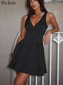 Da Jade Women's Elegant V-Neck Satin-Feel Chiffon Mini Dress, Minimalist Style, Suitable For Summer/Autumn Events, Office Casual, Commute, Cocktail Party, Bridesmaid, Ball Gown, Christmas And New Year's Eve - Black - View 1