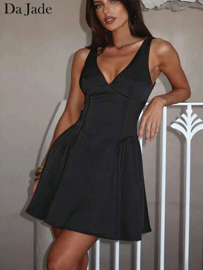 Da Jade Women's Elegant V-Neck Satin-Feel Chiffon Mini Dress, Minimalist Style, Suitable For Summer/Autumn Events, Office Casual, Commute, Cocktail Party, Bridesmaid, Ball Gown, Christmas And New Year's Eve