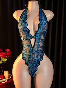 Sexy Lingerie Lace Bodysuit With Blue Embroidery Bow Detail And Open Back Design - Blue - View 1
