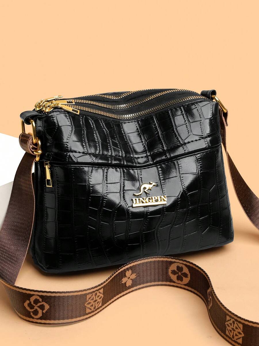 女士斜挎包，配有可调节肩带 - 仿鳄鱼纹钱包，拉链隔层和金色金属饰件，优雅的黑色和棕色可选，适合日常通勤、工作或休闲外出，时尚单肩包，工作包，纹理饰面 - 黑色 - 查看 1
