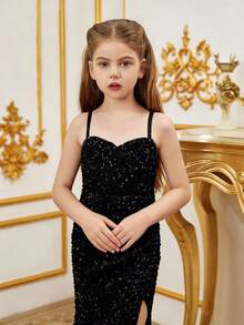 Tween Girl Mermaid Hem Sequin Strap Dress - Black - View 4