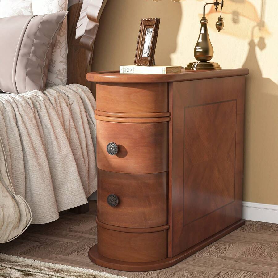 Tribesigns Solid Wood Bedside Table, Side Table With 2 Drawers, Narrow End Table For Living Room, Arc Rectangular Coffee Table, No Assembly Required, Finished Back, Bedroom Furniture - 核桃 - 查看 1