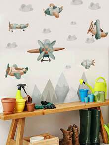 1pc Cartoon Airplane, Spacecraft, Mountain Peak Wall Decal Sticker, Removable Room Decor For Bedroom, Living Room, Kids Room - Light Grey - View 3