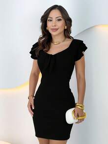 Women's Dress With Tie Detail And Short Sleeves, With Built-In Bra Cups. - 黑色 - 查看 1