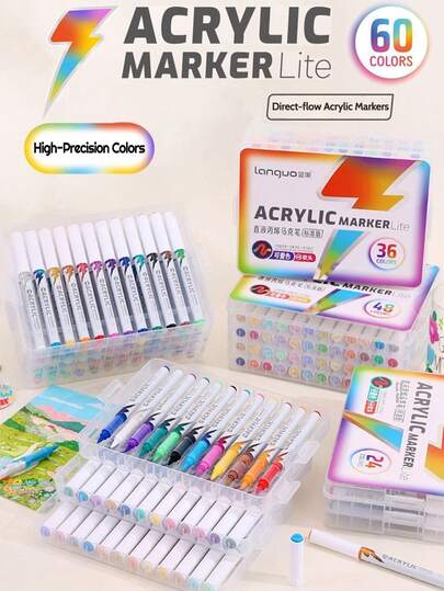 60色丙烯马克笔，2026新款Languo 24/36/48/60色丙烯马克笔轻便礼盒套装，高密度纤维尼龙软笔头，适用于绘画、涂鸦、手写、学习标记，可在亚克力板/蛋壳/帆布鞋/玻璃杯上超强覆盖，是返校必备的艺术用品文具套装。