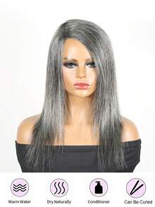 Salt And Pepper Straight Full Machine Made Wig Human Hair Grey Human Hair Wig With Highlights 150% Density Grey Salt & Pepper Glueless Wigs For Women