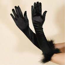 1 双女士黑色复古优雅新娘缎面手套，高档毛绒长袖袖口，适合摄影、正式场合、派对、夏季、海滩、婚礼等场合。 - 黑色 - 查看 2