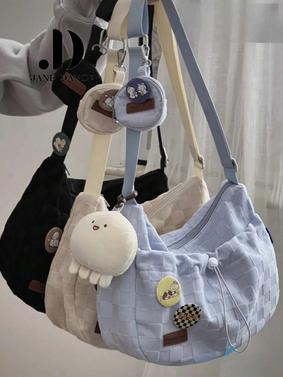 日式Hobo单肩包，大容量毛绒斜挎包，时尚日常背包，适合上学、通勤、秋冬季节、生日/大学/圣诞节礼物 - 彩色 - 查看 1