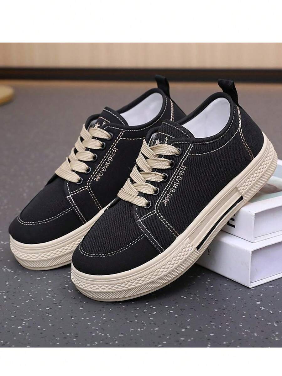 女士帆布鞋，休闲软底时尚鞋，百搭复古风，适合秋冬季穿着 - 黑色 - 查看 1