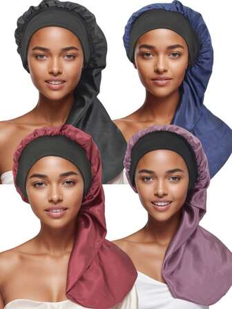 4pcs Satin Nightcaps For Women - Elastic Wide Band Beanies, Lightweight Polyester Knit Hair Care Caps, Long Tube Hair Cover With Soft Elastic Band For Braids
