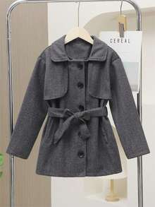 Girls' Elegant Gray Wool Blend Coat With Belt, Suitable For Gatherings And Outings, Autumn/Winter - Grey - View 3