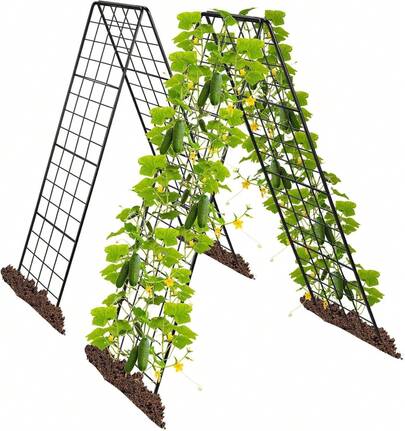  Techigher Cucumber Trellis For Raised Bed,Foldable A-Frame Garden Trellis With Clips,Metal Trellis For Climbing Plants,Spiral Connectors Vegetable Grow Supports For Cucumber Beans Vegetables Fruit Vine,2 Pack