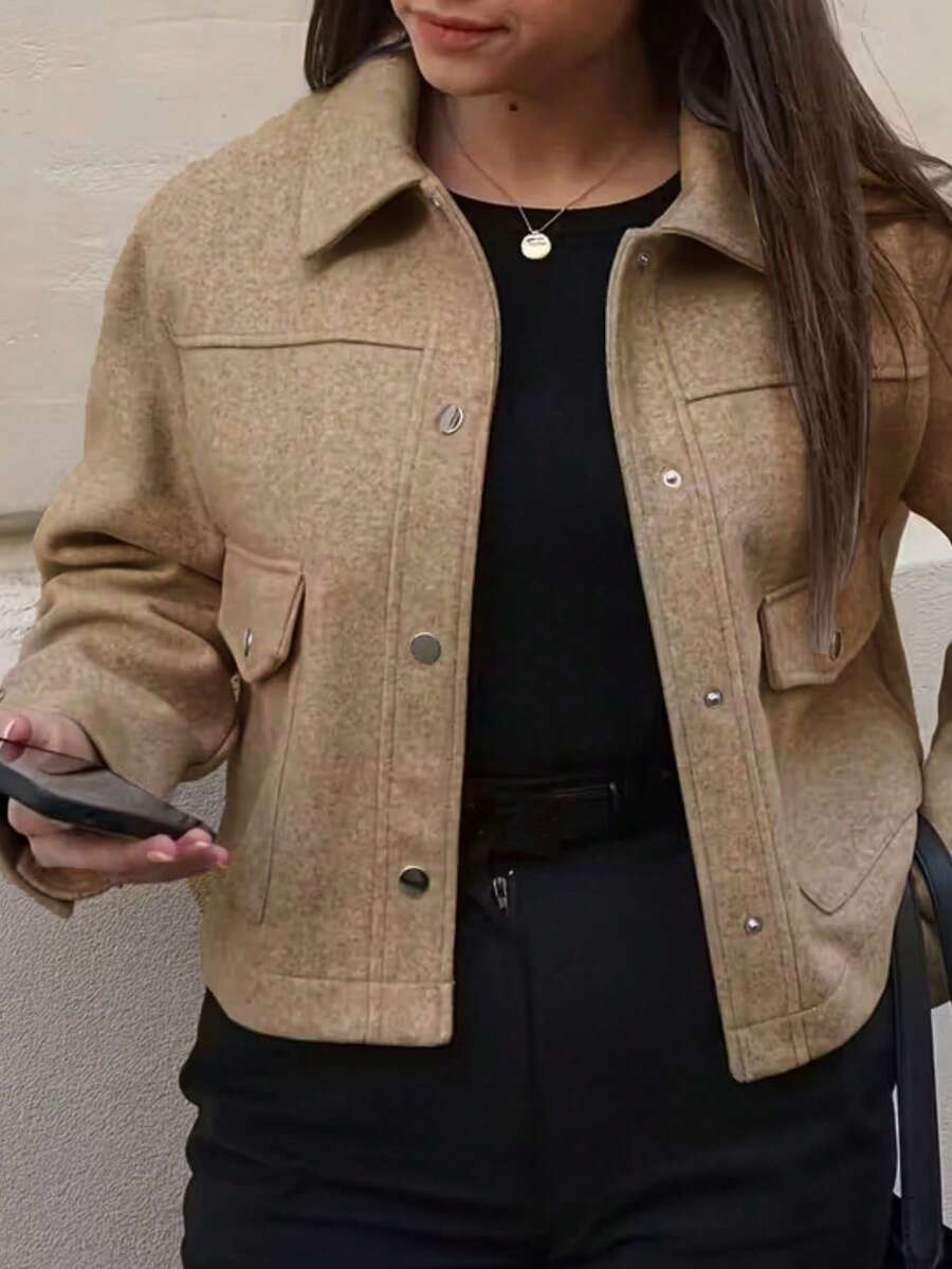 Chaqueta casual de manga larga, unicolor, con botones delanteros cortos, versátil y minimalista para primavera - Caqui - Ver 1