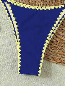 女士夏季新款时尚优雅蓝黄撞色蕾丝边露背吊带性感沙滩度假约会比基尼套装 - 藍黃 - 查看 5