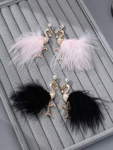 1 Pair Elegant Rhinestone Flamingo Feather Earrings For Women, Suitable For Holidays, Birthdays, Dates, Parties, Vacations, Daily Wear - Flamingos - View 2