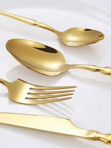 15/30/40件套不锈钢餐具套装，刀叉勺西式餐具套装，适用于露营、野餐、户外厨房、家庭厨房、餐厅、酒店、婚礼等场合。 - 金色 - 查看 4