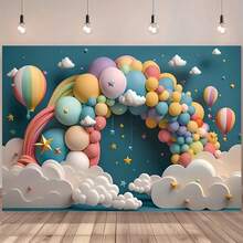1. 彩虹拱门横幅背景，彩虹拱门氛围摄影背景，彩色气球搭配维纳斯设计元素，甜蜜生日背景，派对装饰，蛋糕装饰，摄影背景布，生日派对背景装饰。适用于家居客厅和卧室装饰。2D扁平化设计。 - 彩色 - 查看 2