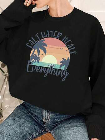 Plus Size Women's College Sunset Palm Tree Ocean "SALT WATER HEALS Everything" & "Everything" Text Pattern Sweatshirt Round Neck Long Sleeves Casual Spring/Summer/Fall Women's Plus-Size Long-Sleeved Sweatshirt Thanksgiving Day Going Out Tops Women,Vacation Outfits Women