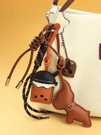 1. Fashionable Heart-Shaped French Bulldog Keychain, 2. Delicate Matching Mini Dog Bag Charm, 3. Couple Keychain, 4. Retro Keychain, 5. Star-Shaped Spring Clasp Design, 6. Leatherette Bubble Tea Cup Charm, Suitable For Keys, Bags, And Decoration