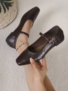 Black Mary Jane Flat Square Toe Casual Shoes, New Preppy Style Buckle Office Shoes For Spring & Autumn - Brown - View 1