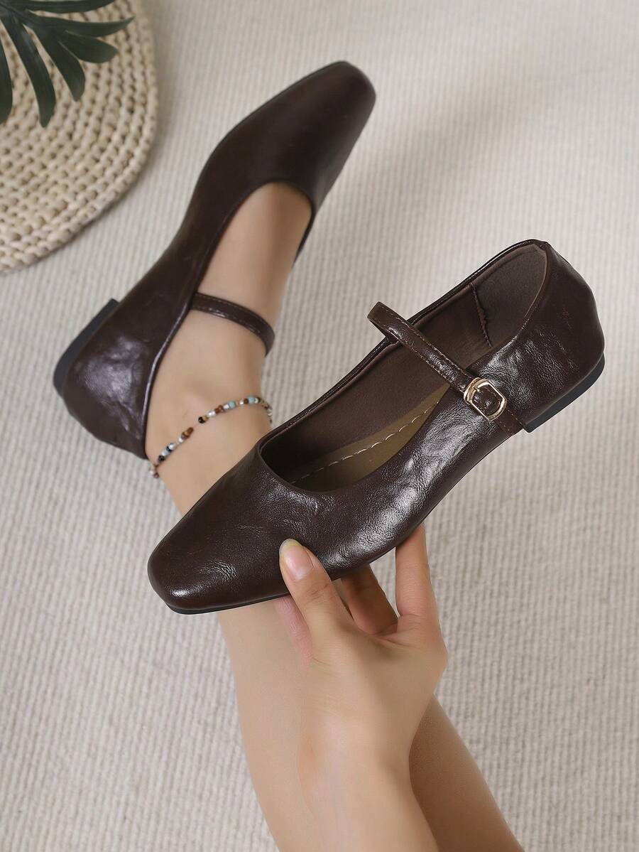 Black Mary Jane Flat Square Toe Casual Shoes, New Preppy Style Buckle Office Shoes For Spring & Autumn - Brown - View 1