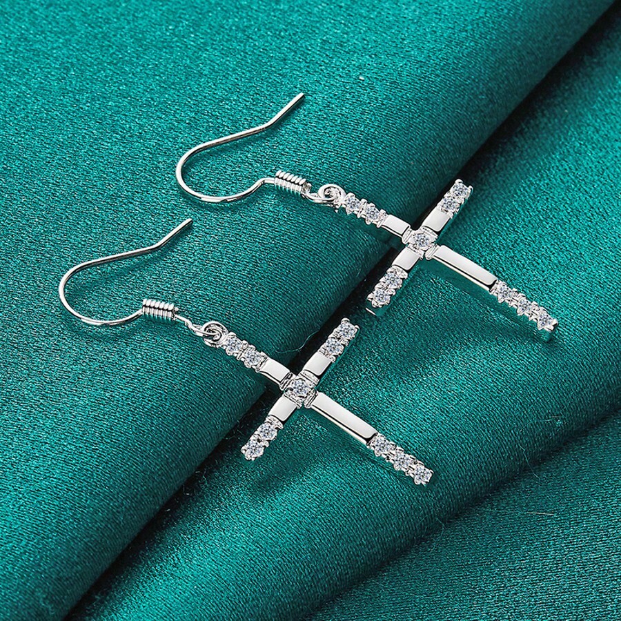925 Sterling Silver Plated Cross Earrings, Fashion Jewelry For Women Wedding Party - Silver - View 1