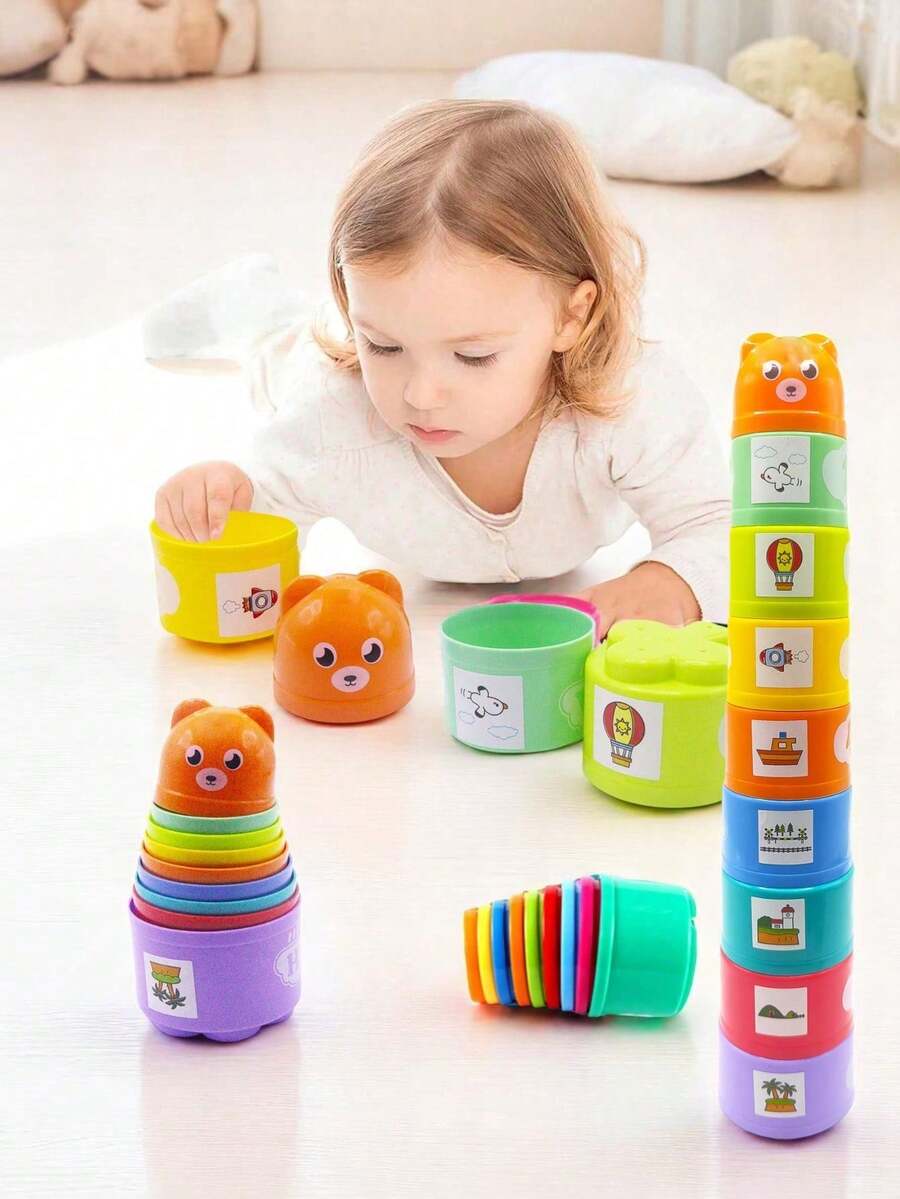 Set de 9 piezas de vasos apilables de colores para bebé, juguetes apilables para identificación de colores y entrenamiento cognitivo (colores aleatorios), juguetes de baño para bebé, relleno de bolsas de fiesta, juguetes sensoriales para aliviar el estrés, juguetes para niños pequeños, regalos de cumpleaños y Pascua