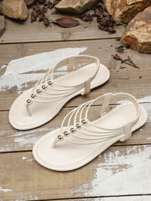 1 Pair White Lightweight & Comfortable Casual Slides For Big Kids & Teens, Retro Fashion White Solid Color Criss-Cross Design With Metal Bead Decor, Slip-On Backstrap, Flexible Rubber Thick Sole, Suitable For Any Outfit, Daily Wear, Outing, Party, Beach For Girls, Spring/Summer New Arrival - Beige - View 2