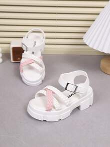 1 Pair Girls' Outdoor Sandals, New Summer Design, Round Toe Woven Criss-Cross Hook And Loop, Fashionable & Elegant, Lightweight & Non-Slip, Girls' High Heel Sandals - Beige - View 4