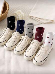 5 Pairs Women's Heart Pattern Socks, Versatile Korean Style, Random Assortment - Multicolor - View 4