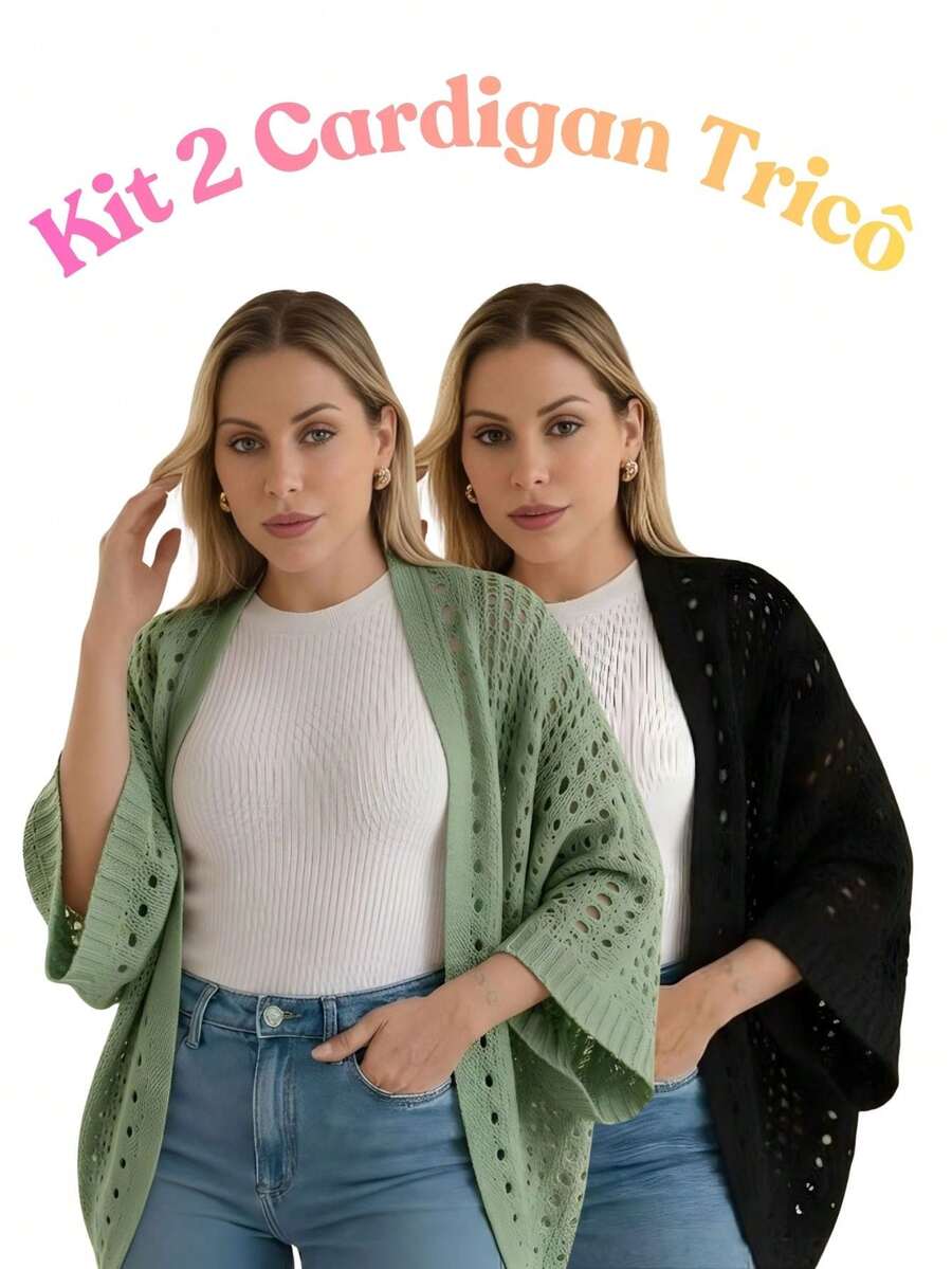 Set Of 2 Women's Cardigan Blouses, Knitted Cape, Openwork Knit, Autumn - Green/Black - View 1