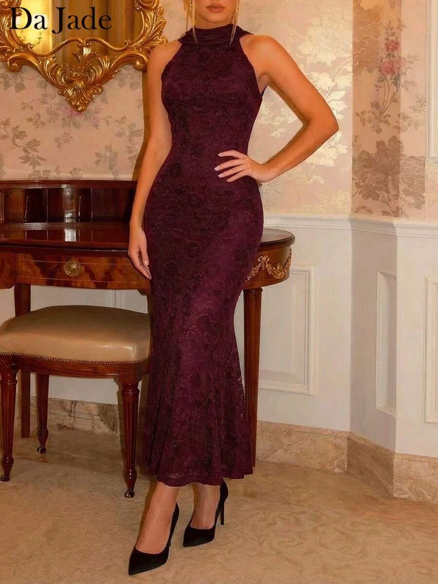 女士优雅酒红色蕾丝美人鱼礼服，高领和背部荷叶边细节，精致的酒红色蕾丝鱼尾长裙，适合秋季晚宴和节日派对的正式礼服，永不过时的优雅冬季正式礼服，适合特殊场合。 - 酒紅色 - 查看 1