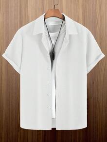 Men's Waffle Textured Solid Color Single-Breasted Shirt Collar Short Sleeve Shirt, Spring/Summer - White - View 4