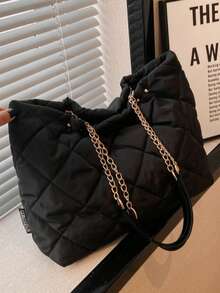 时尚百搭通勤简约纯色绗缝手提包 - 黑色 - 查看 1