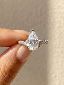 1pc Shiny Teardrop Shaped 925 Sterling Silver Ring, Elegant Teardrop Design With Sparkling Crystal, Ideal For Daily Wear Or Parties - Sparkling Water Drop Ring - View 2