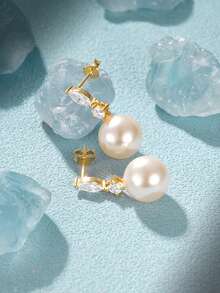 2pcs Pearl 925 Sterling Silver Earring Women Classic Drop Earring Thread Piercing For Daily Wear Daily Wear Wedding Party Engagement Fine Jewelry - Gold - View 7